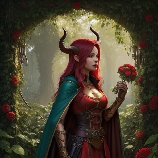 Tiefling Bard in Industrial Forest, Ghibli-Inspired Oil Pain...