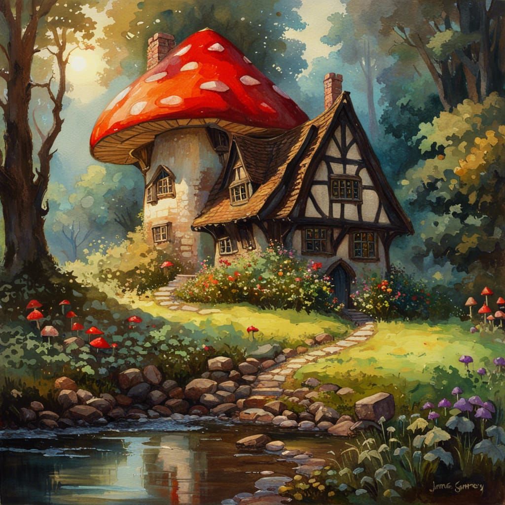 Gothic Fairytale Cottage and Dark Forest Watercolor