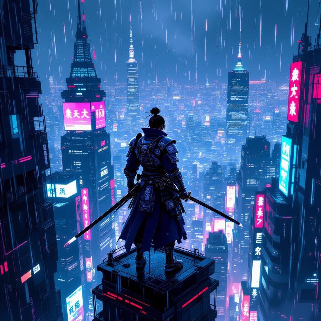 Cyberpunk Samurai Overlook in Neon Cityscape