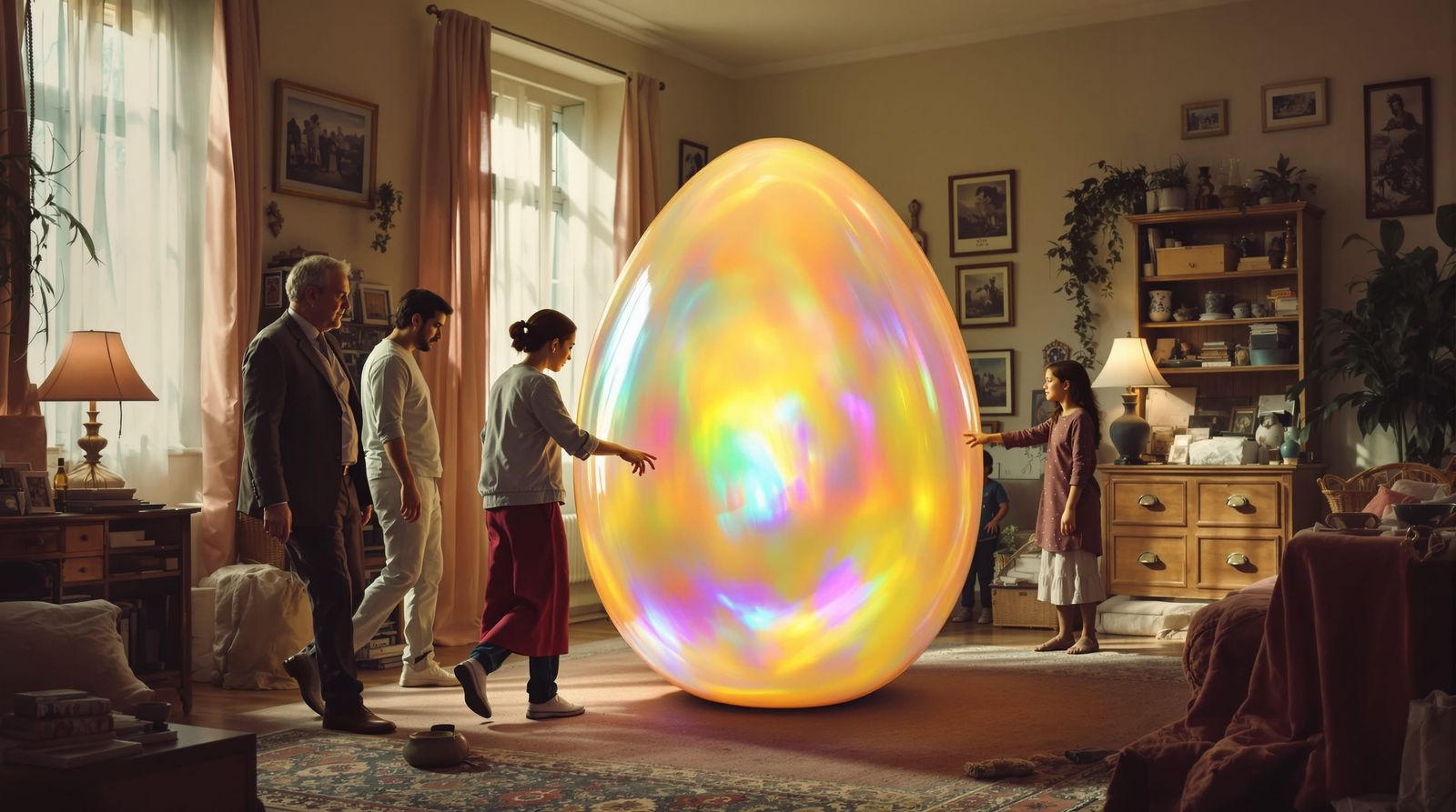 Surreal Giant Iridescent Egg in Mundane Apartment