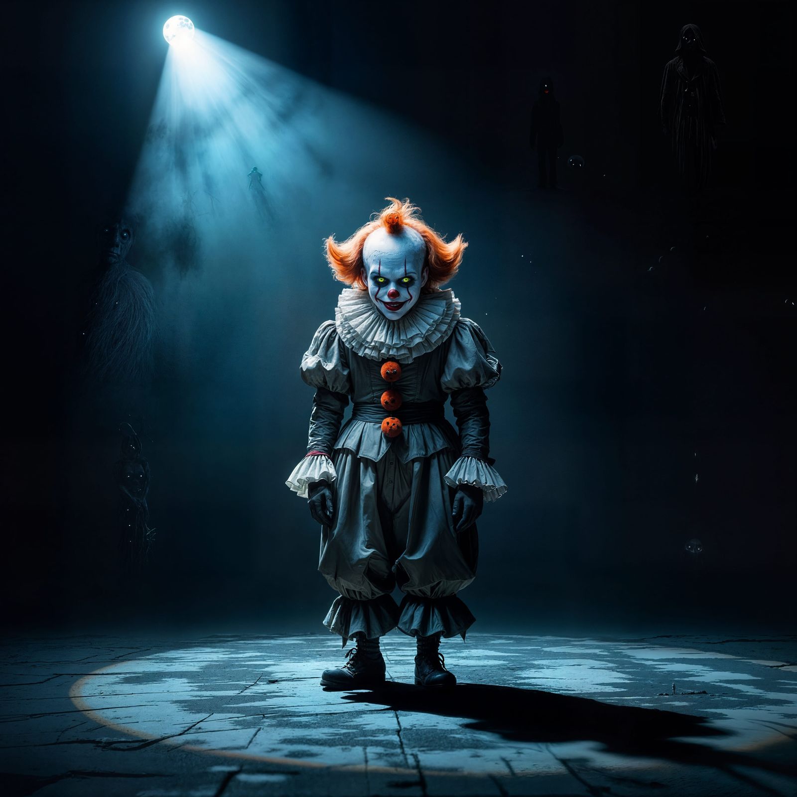 Spectral Clown on Desolate Stage in Cinematic Digital Painti...
