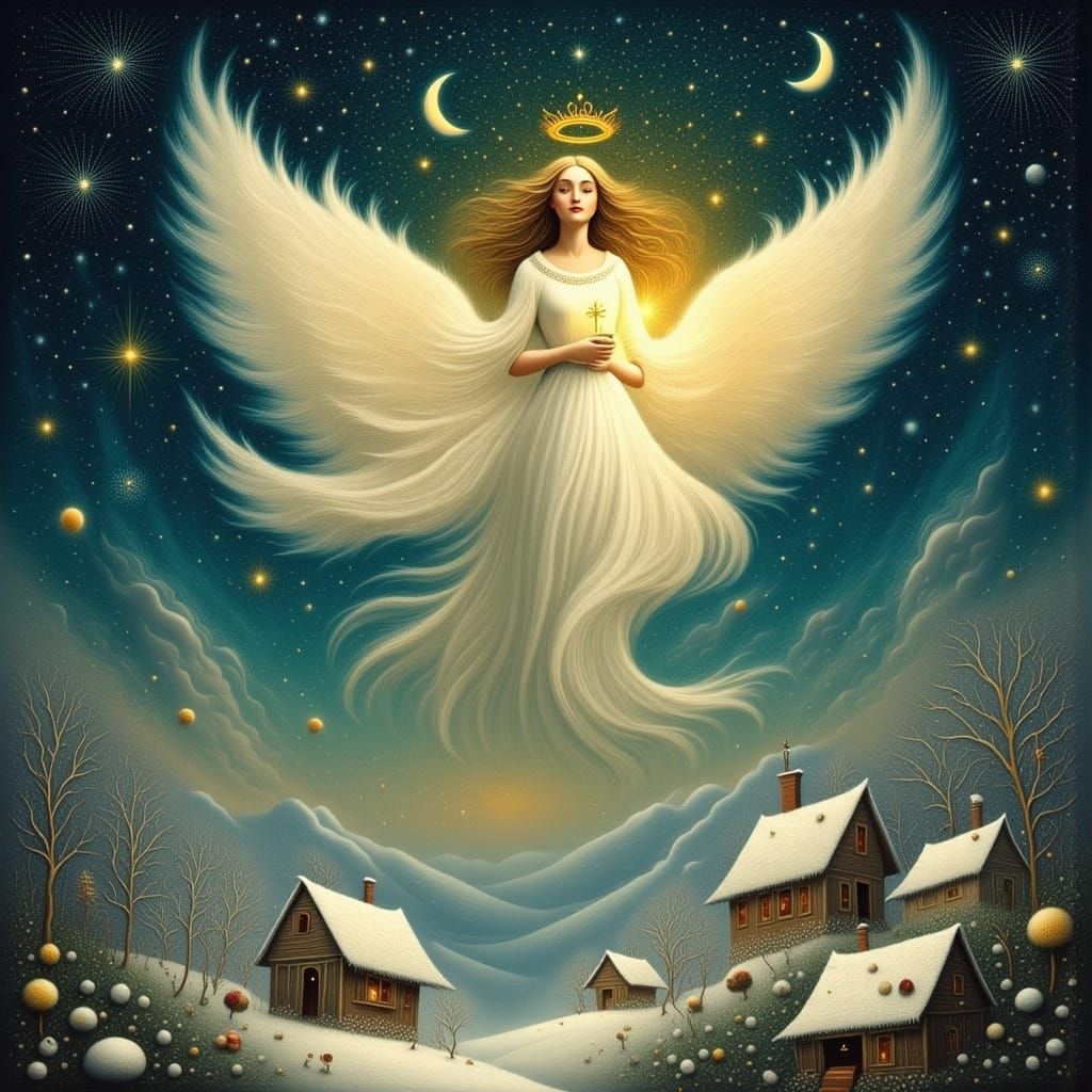 Christmas Angel Descends on Starry Village in Pre-Raphaelite...