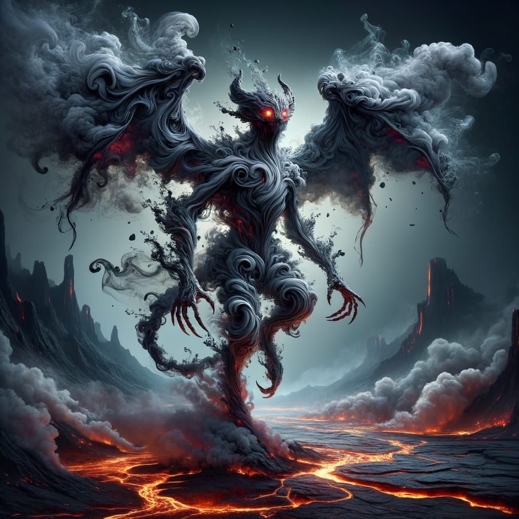 Smoke Mephit: Elemental Imp in Volcanic Landscape
