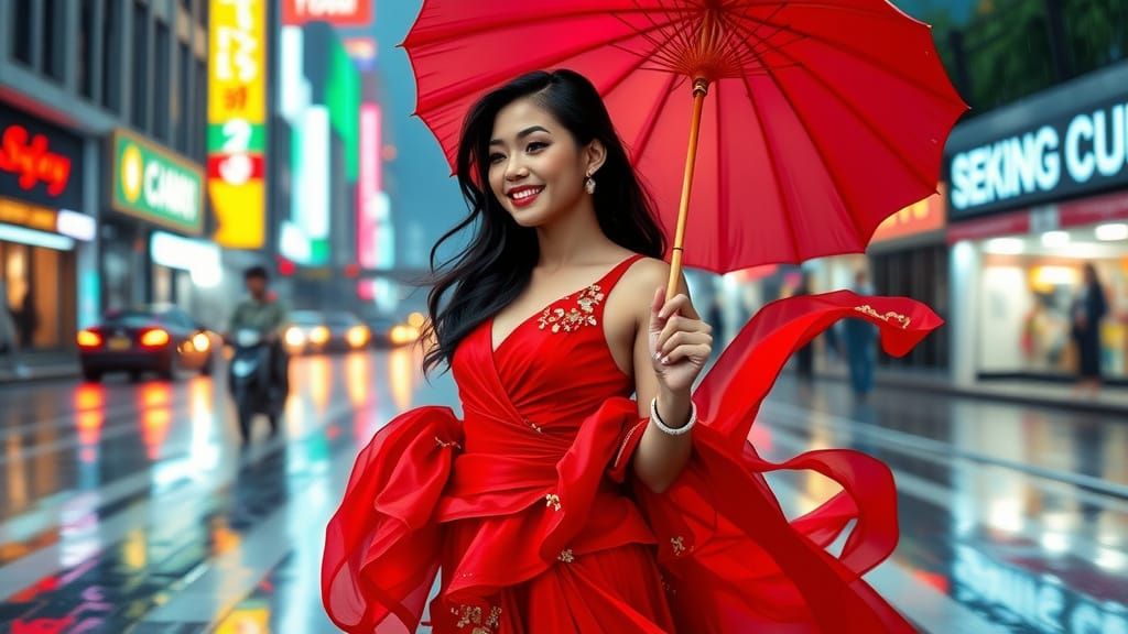 Indonesian Woman Walks City Street with Red Umbrella