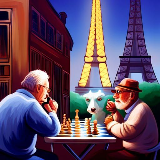 Chess Game with Polar Bear near Eiffel Tower