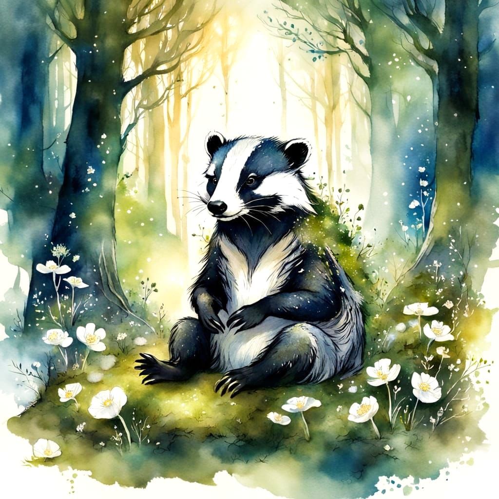 Wise Badger in Enchanted Forest: Watercolor Style