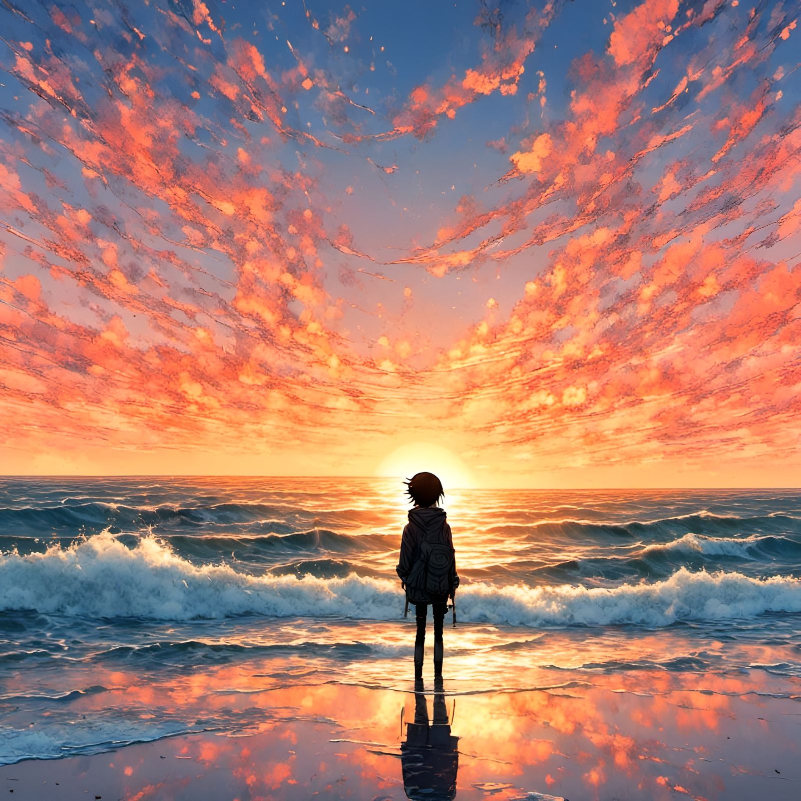 Anime Figure Watches Ocean Sunrise in Cel-Shaded Style