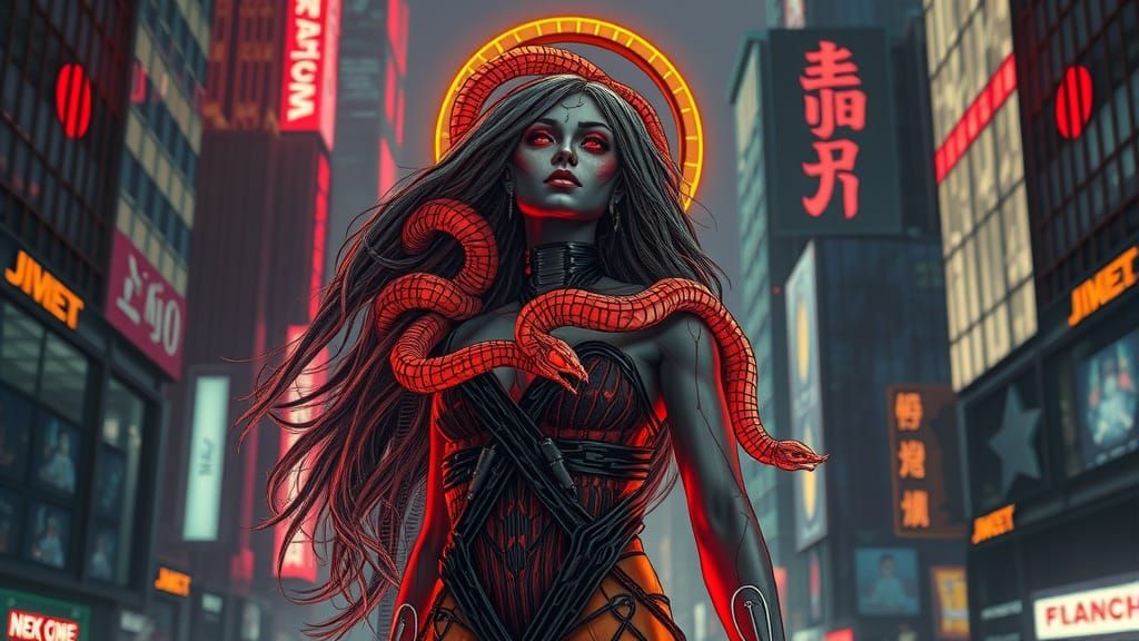 Cyberpunk Immortal Woman with Neon Cityscape and Serpent Aur...