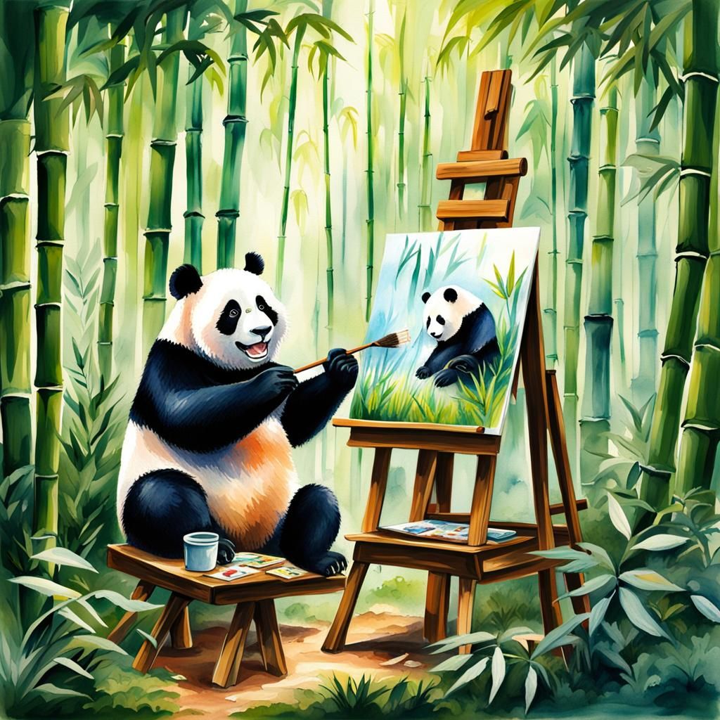 Panda Portrait: Vivid Watercolor Painting in Gouache Style