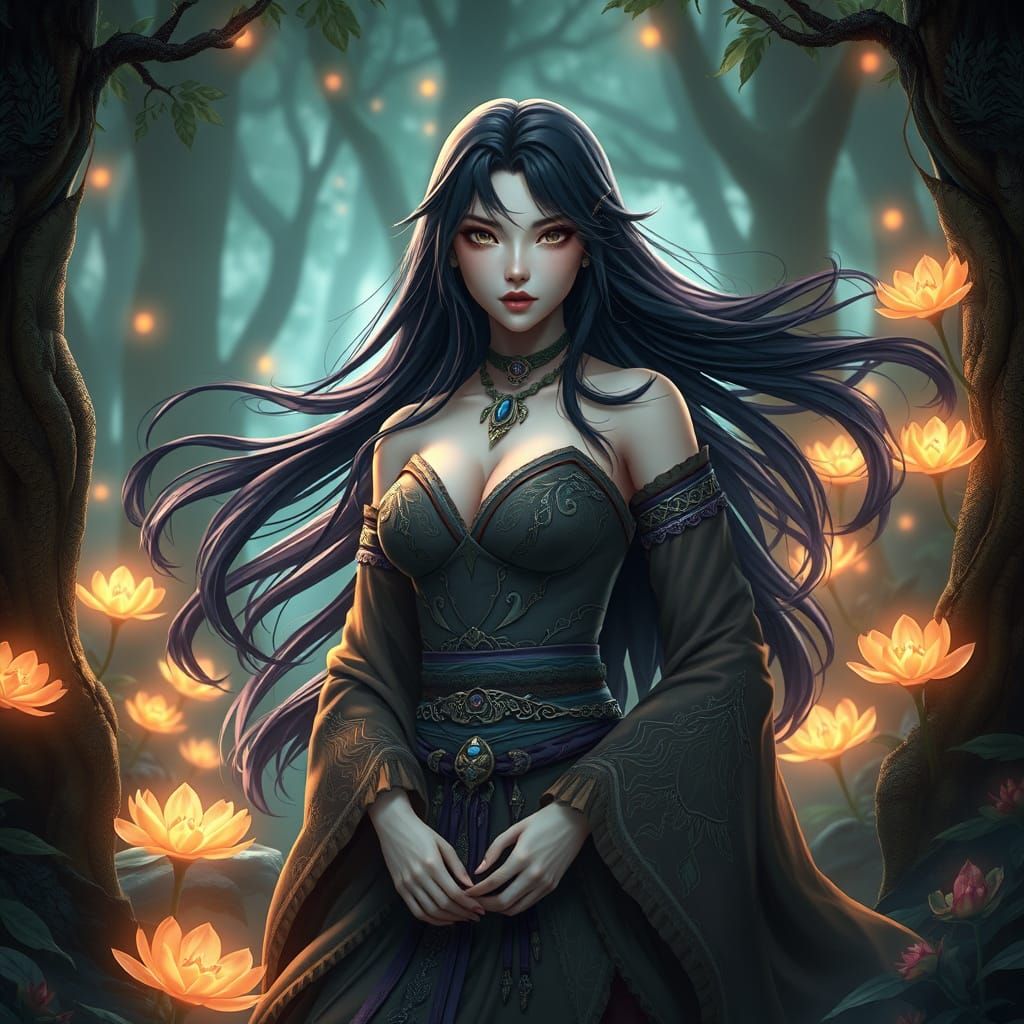 Sapphire Druidess Amidst Ancient Forest