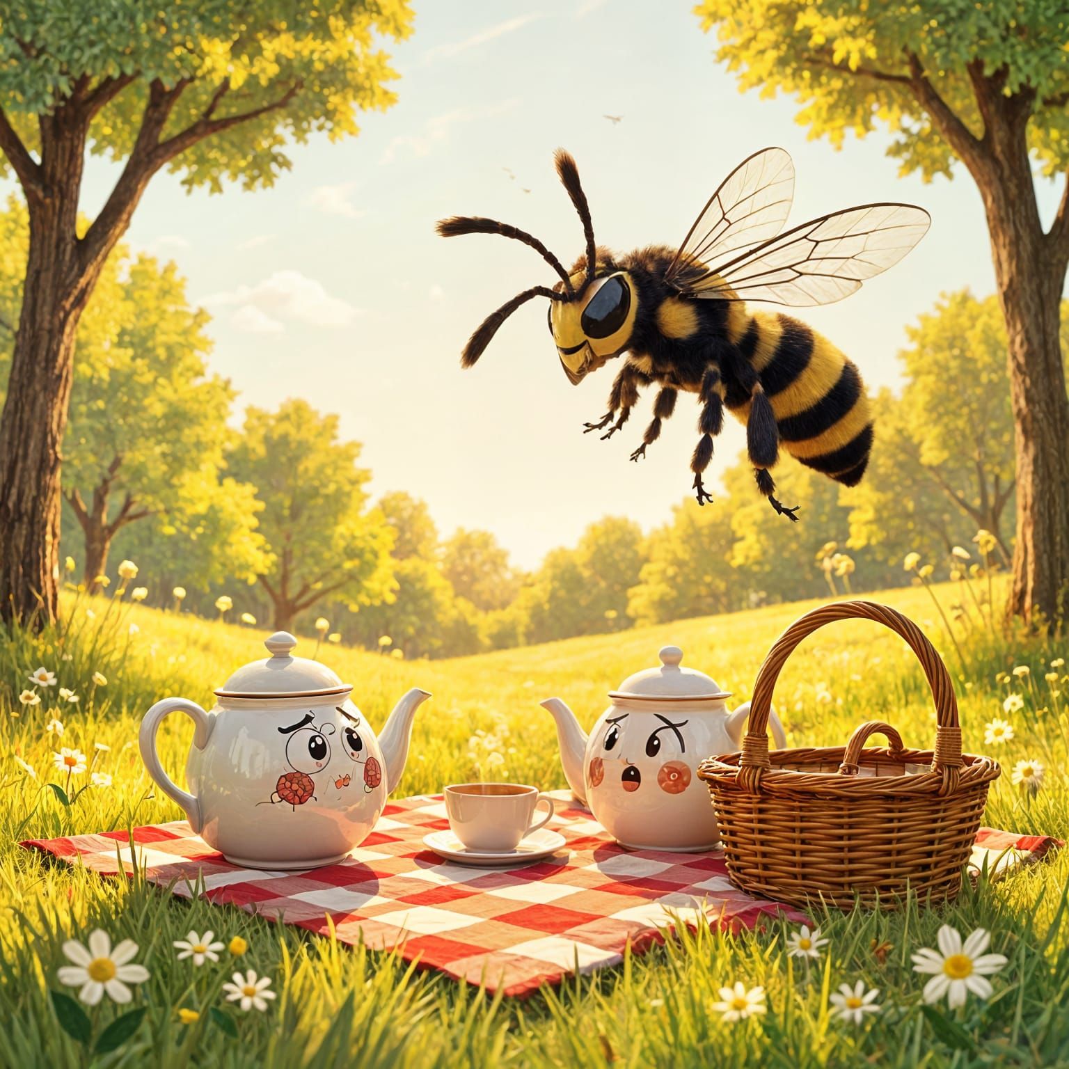 Giant Hornet Terrifies Anthro Teapots in Sunny Meadow Picnic