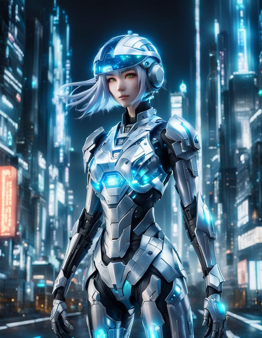 Holographic Woman in Futuristic City, Anime Style