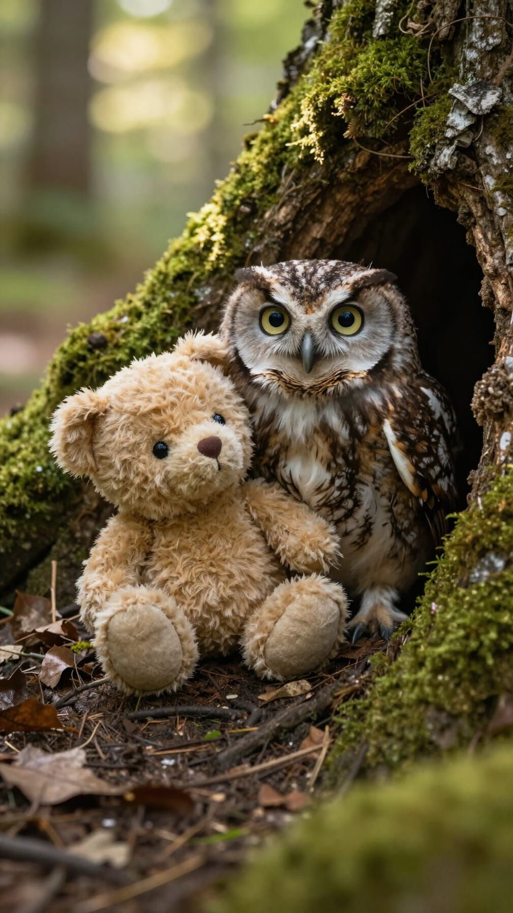 Adorable Owlet Cuddles Teddy Bear in Sunlit Forest
