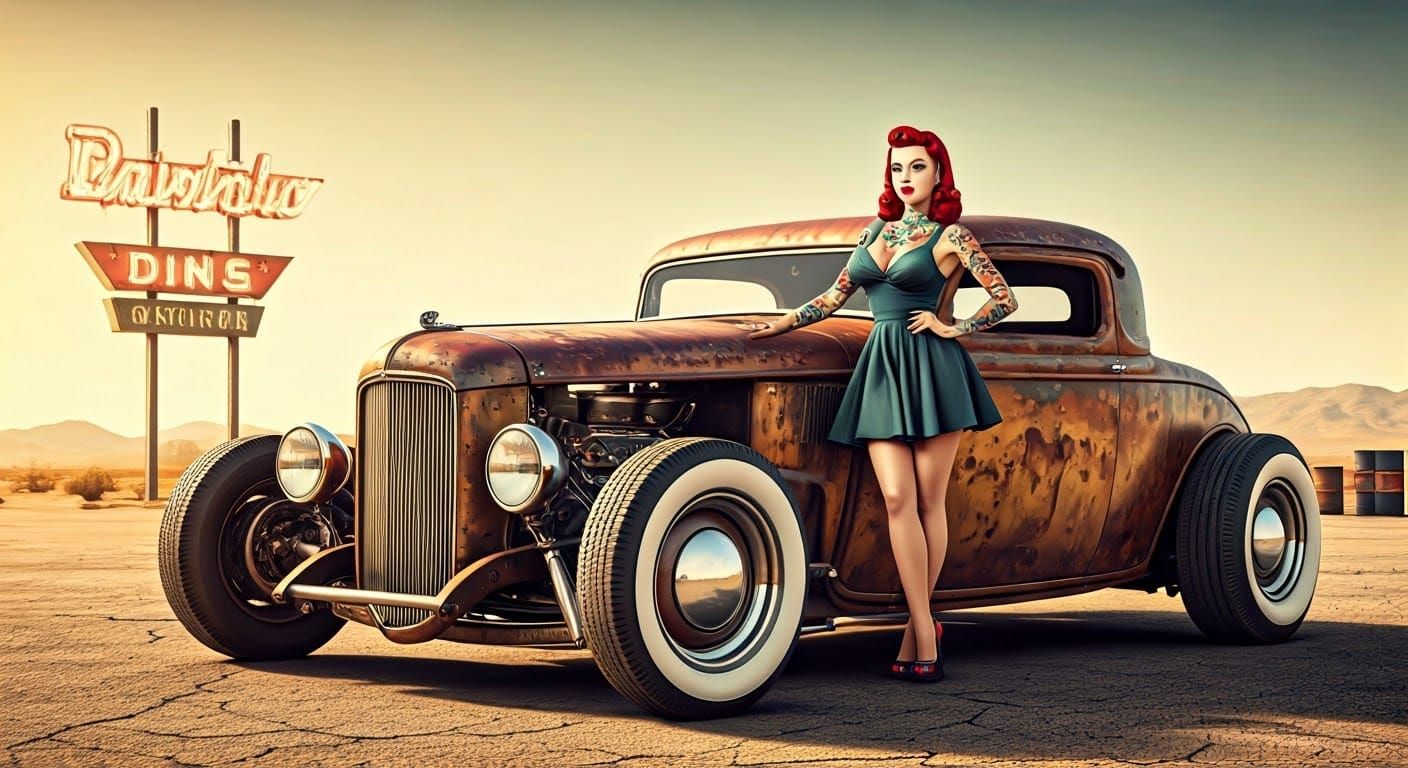 Sultry Pin-Up Girl Leans Against Chrome Rusted Rat Rod in De...