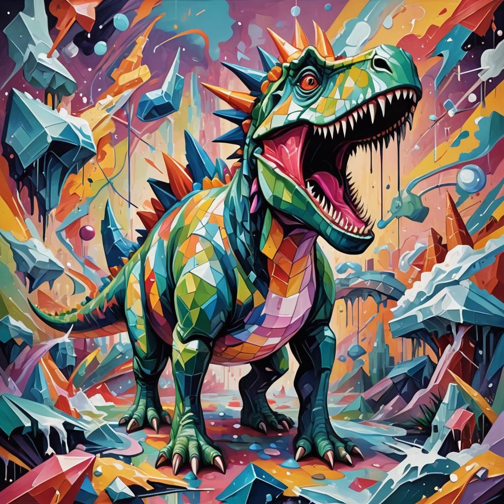 Dreamlike Dinosaur in Vibrant Cubist Art