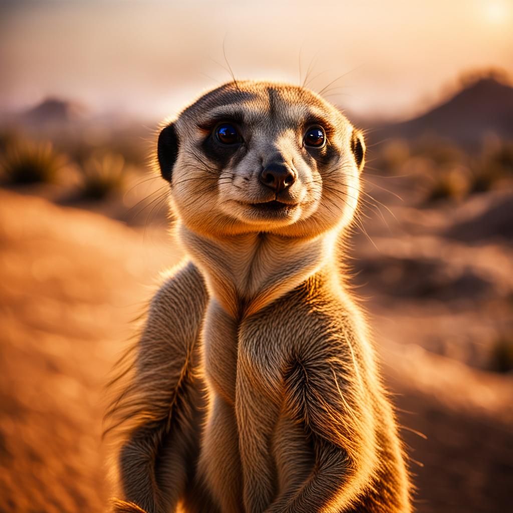 Hyperrealistic Meerkat Portrait in Desert Landscape