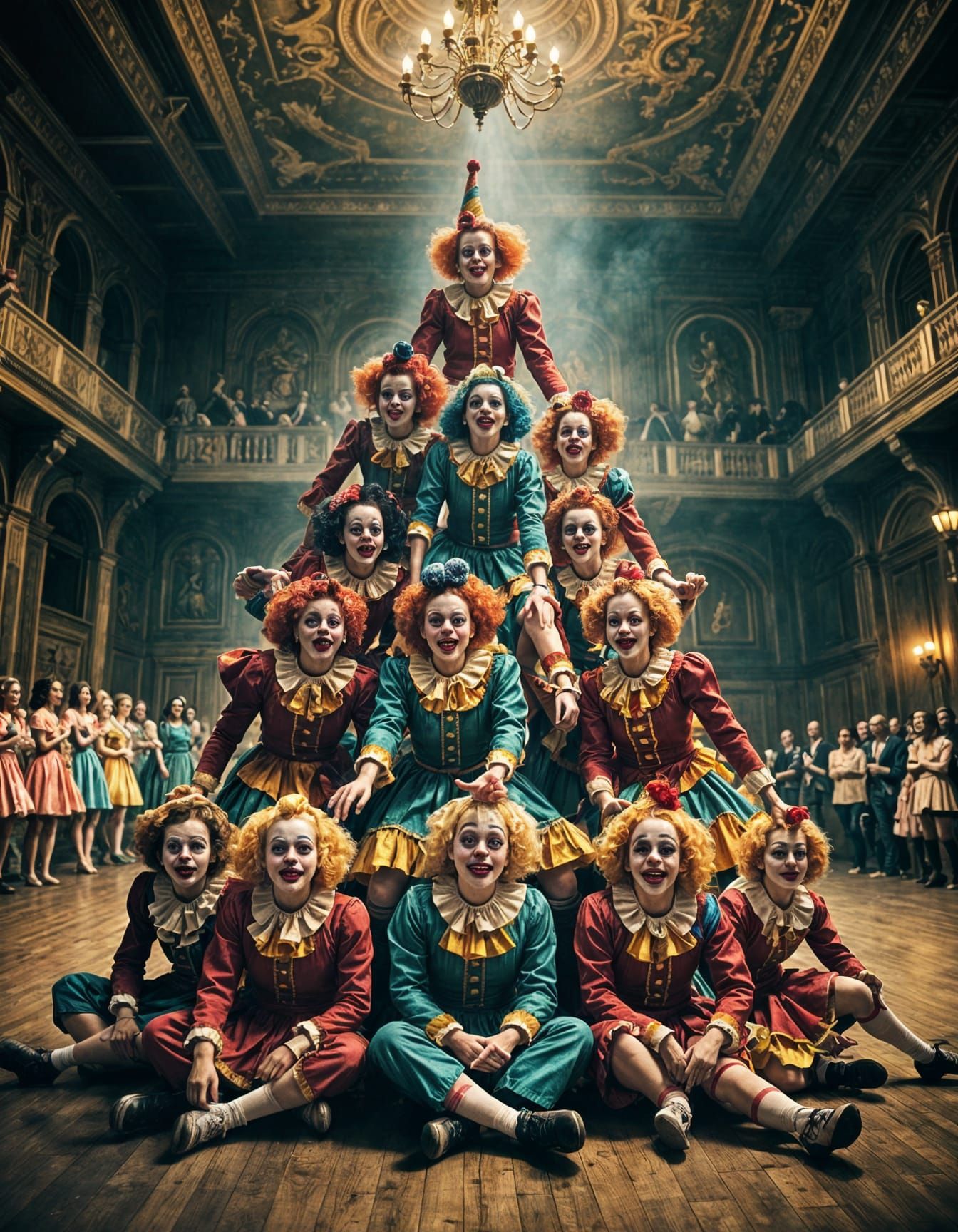 Baroque Clown Cheerleaders Form Pyramid