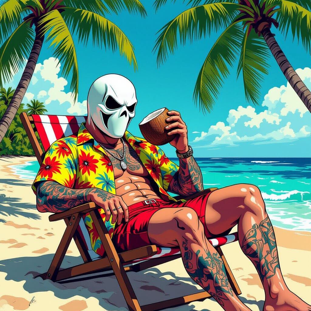 Ghostface Lounges on Tropical Beach in Comic Book Style