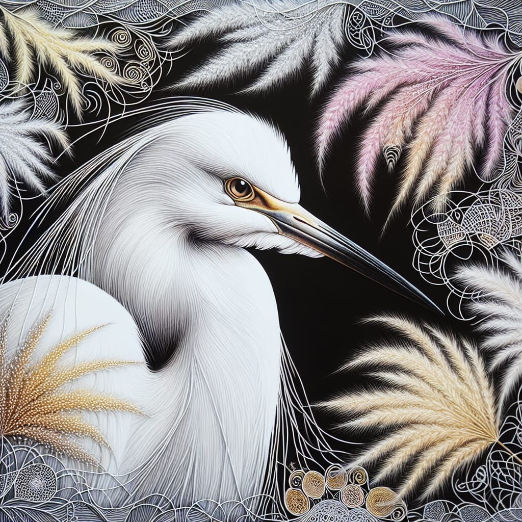 Mesmerizing White Egret in Zentangle Landscape