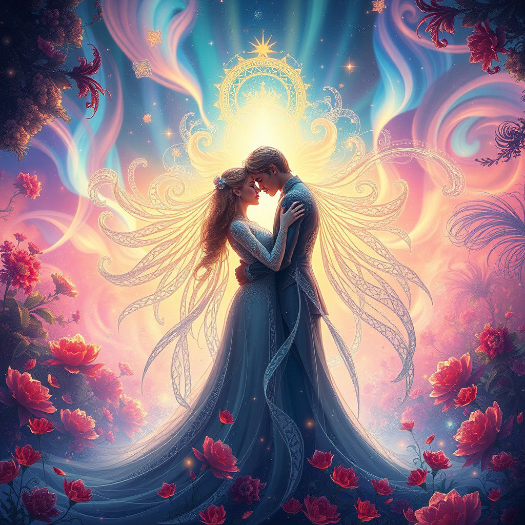Celestial Embrace in Vibrant, Dreamlike Landscape