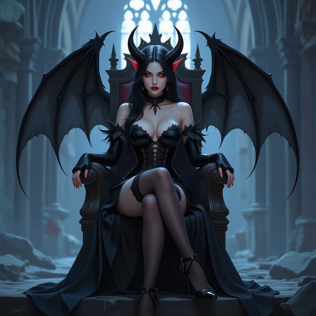 Gothic Demoness on Throne in Ruined Cathedral