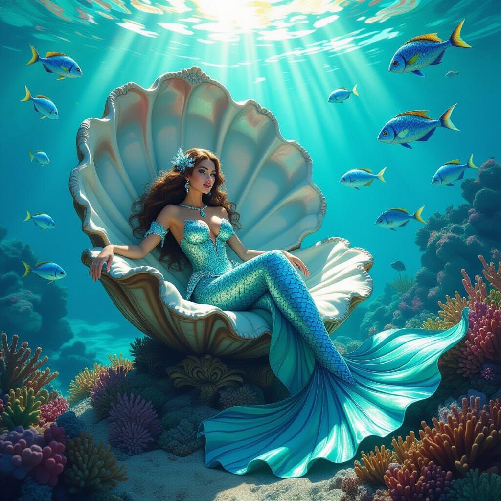 Mermaid on Clam Throne in Hyperrealistic Digital Painting
