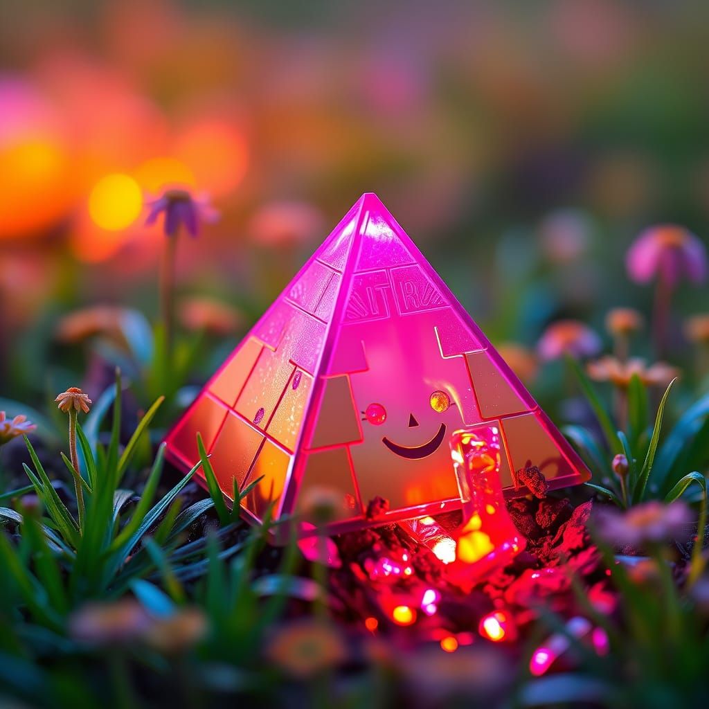 Crumbling Pink Pyramid in Fluorescent Meadow