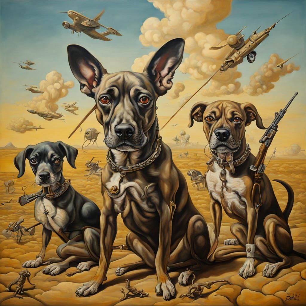 Dogs of War Surrealism Masterpiece in a Melting Oil Canvas