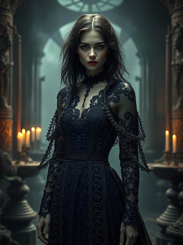 Gothic Woman in Lace Gown with Artifacts