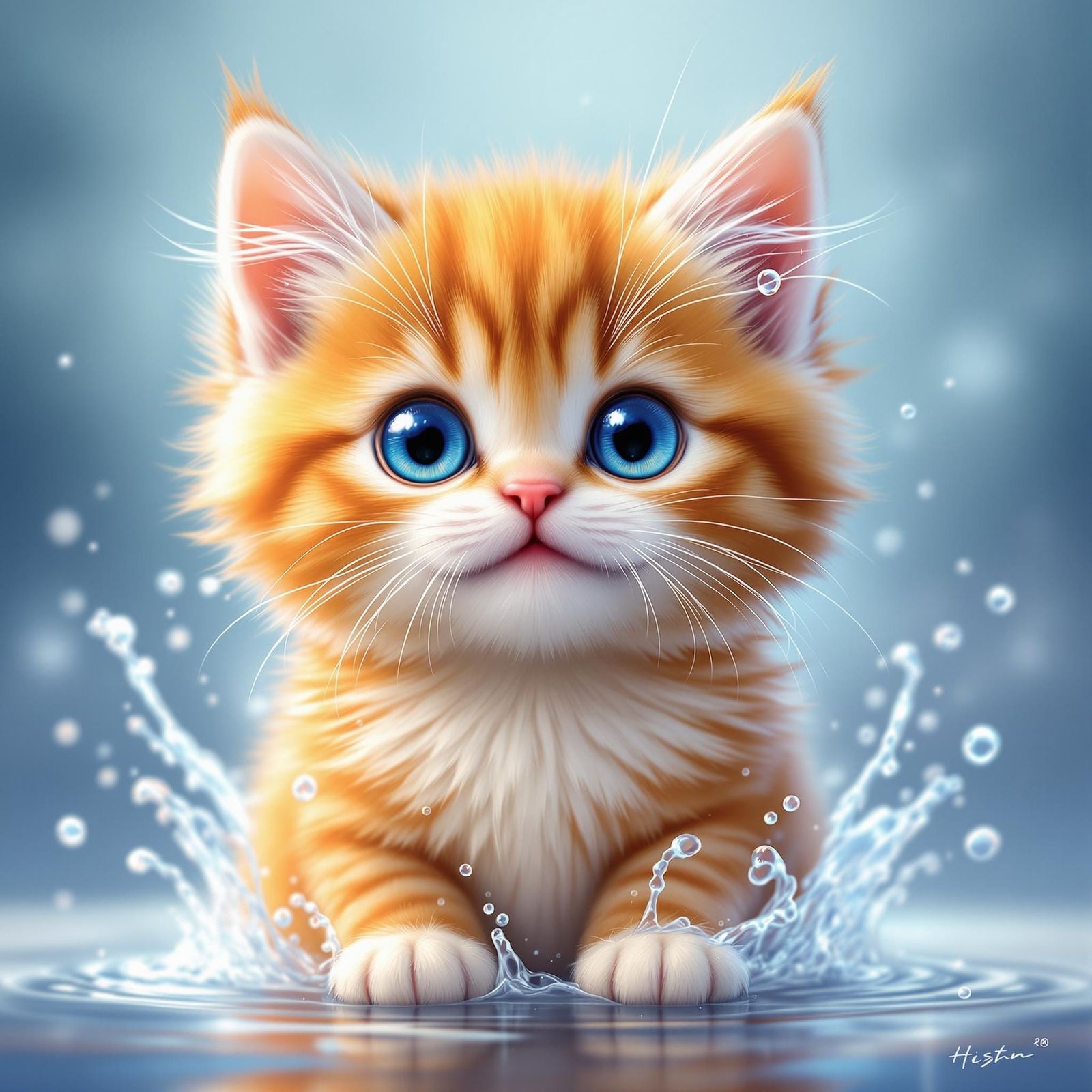 Surreal Orange Kitten Plays in Whimsical Water Scene