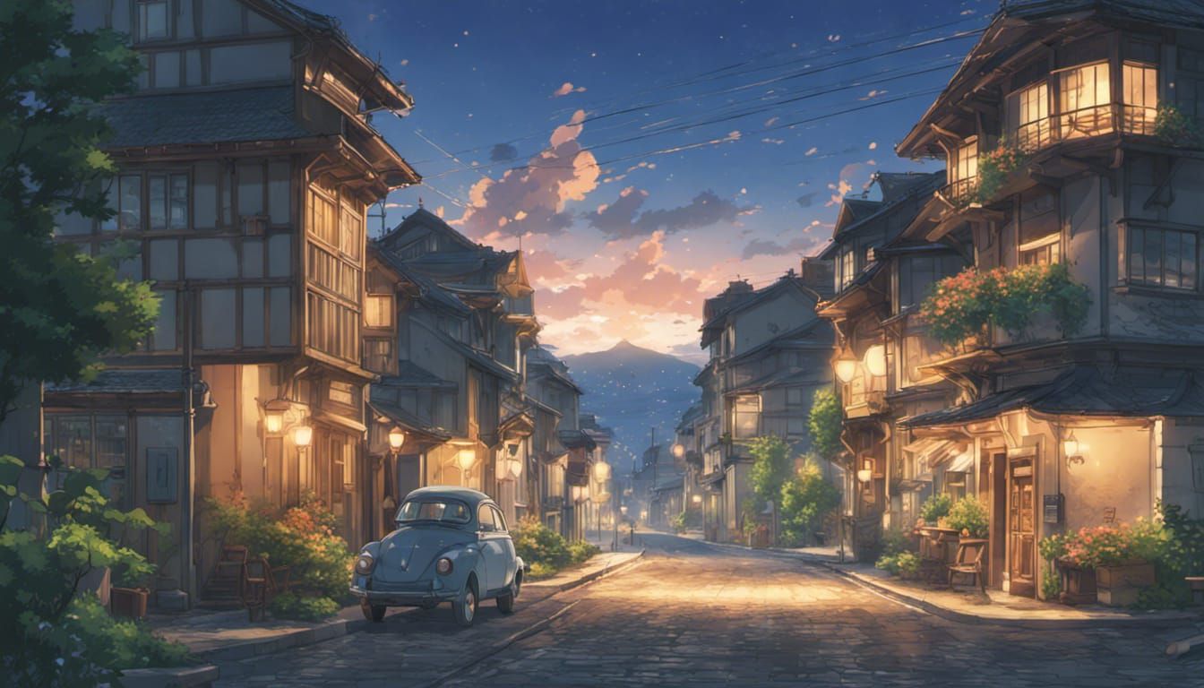 Magical Nighttime Cityscape in Studio Ghibli Style