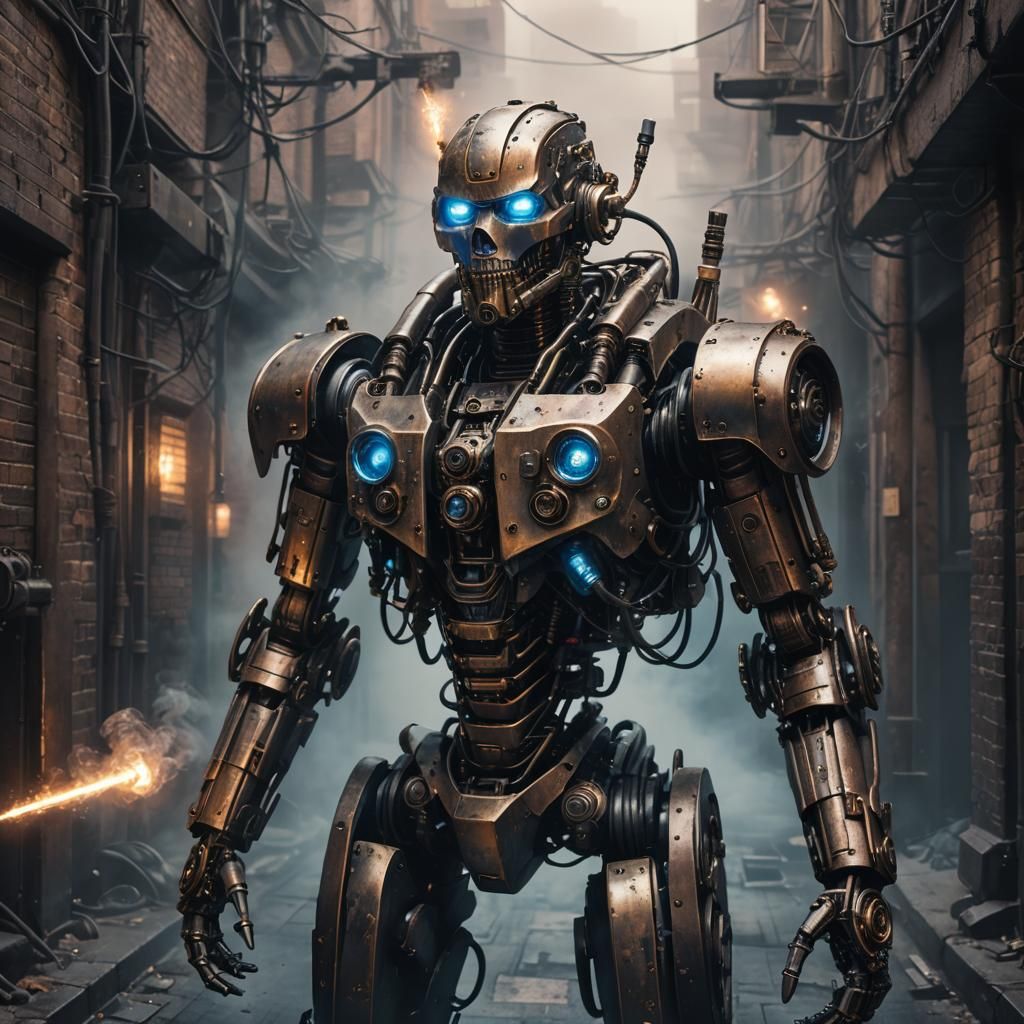 Steam-Powered Robotic Terminator in Cyberpunk Alley