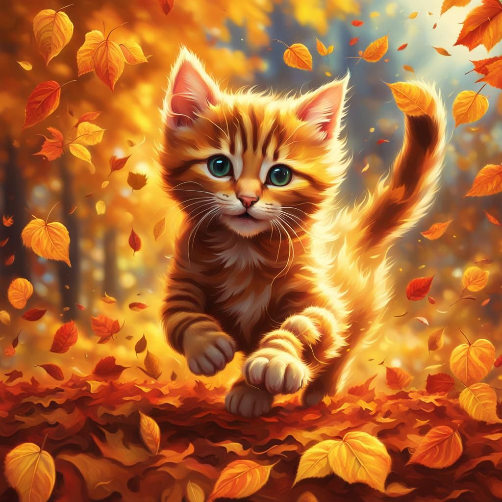 Kitten Kicking Autumn Leaves: Matte Painting Style