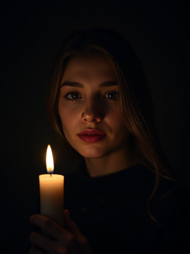Serene Woman's Face Illuminated by Candlelight in Minimalist...