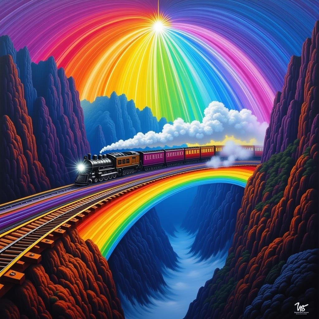 Impasto Oil Painting of a Steam Train on a Rainbow Bridge