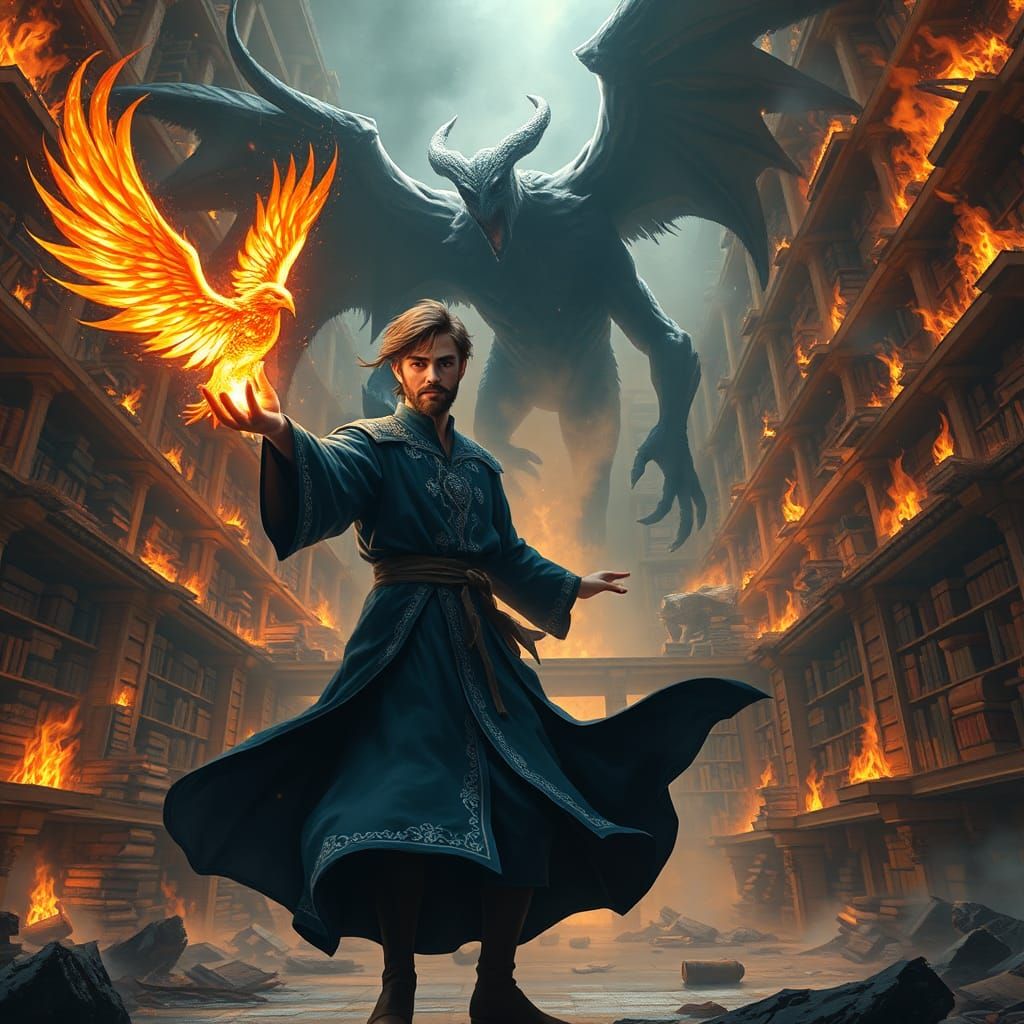 Wizard Summons Phoenix in Burning Library, Matte Painting