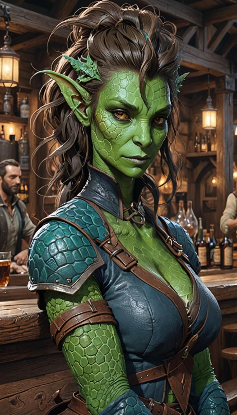 Lizardfolk Tavern Character in Dark Fantasy Style