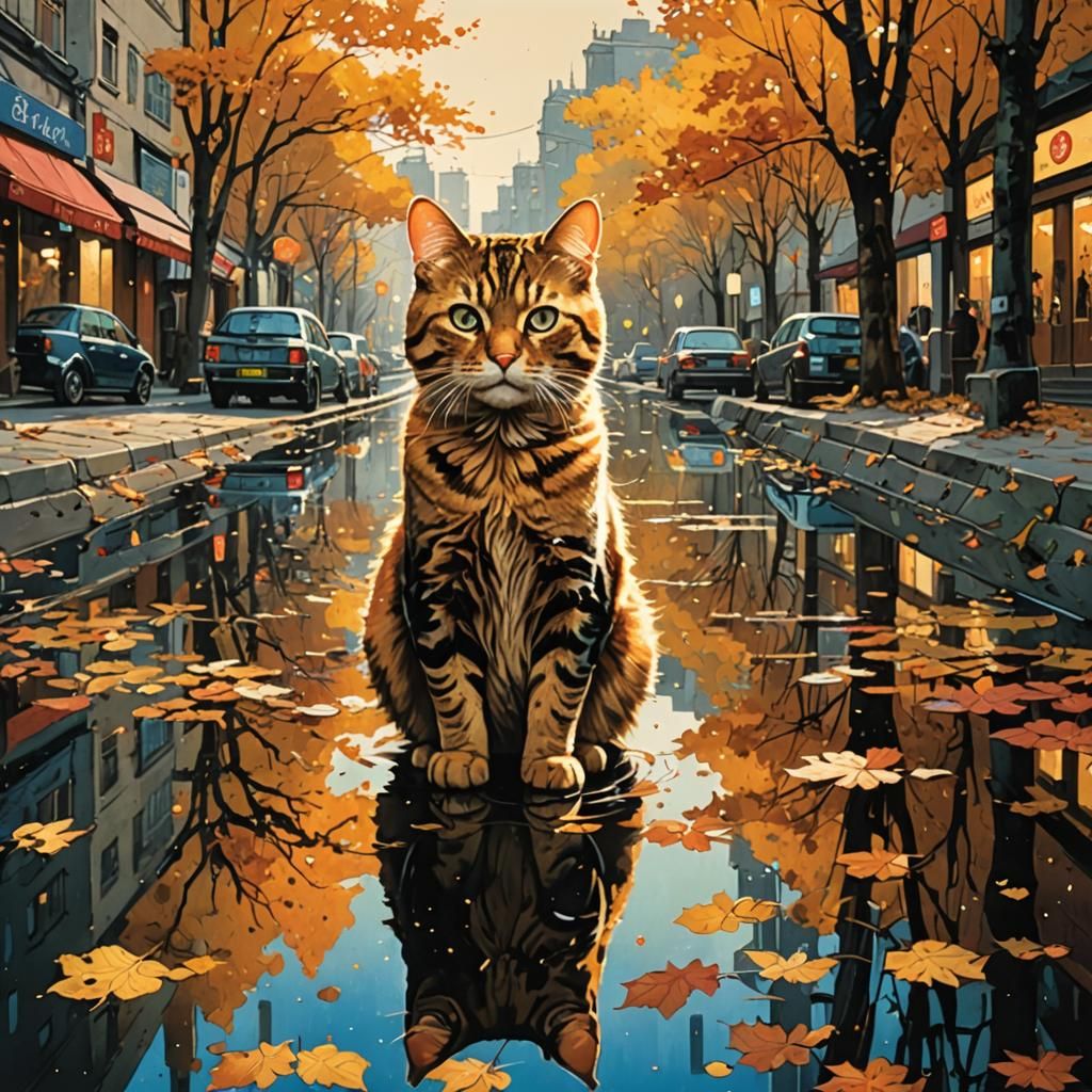Cat Reflection: Golden Autumnal Scene