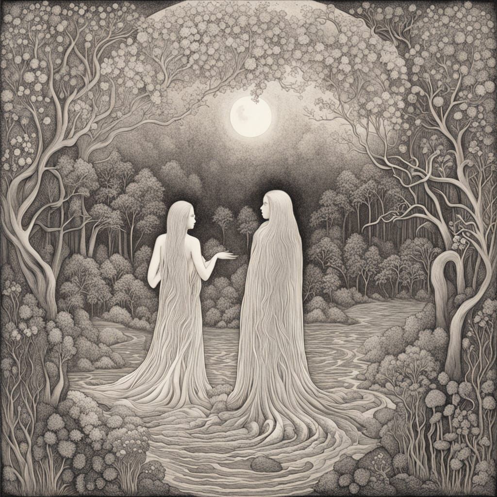 Ethereal Women in Art Nouveau Gowns, Soaring on Majestic Swa...