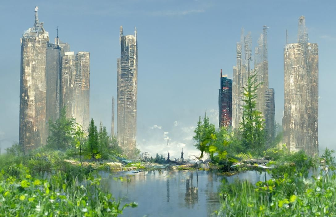Lush Forest Meets Futuristic Cityscape, Concept Art