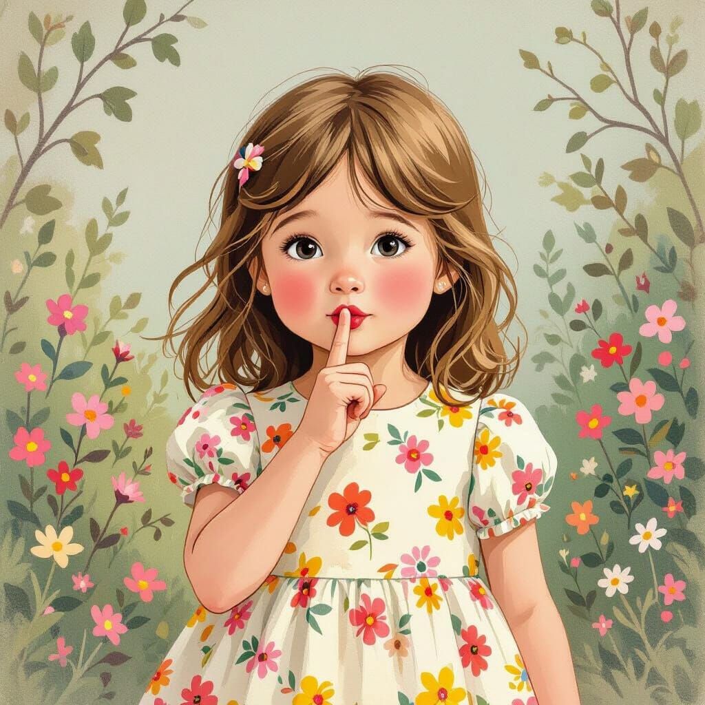 Little Girl Signals Silence in Whimsical Floral Setting