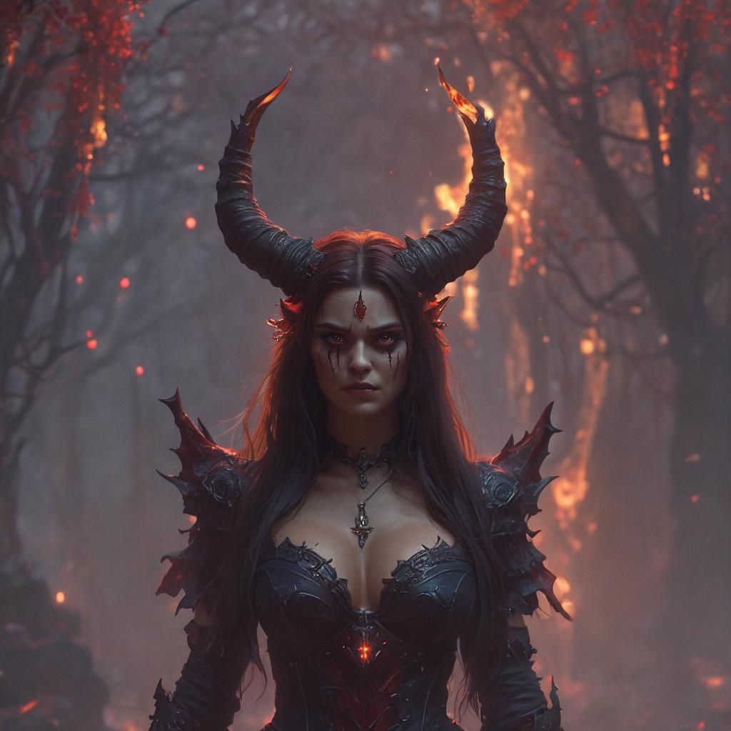 Demon Woman with Fiery Hair in Ethereal Fantasy Art