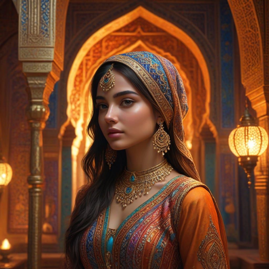 Jasmin in Arabian Palace: Vibrant Triadic Oil Painting