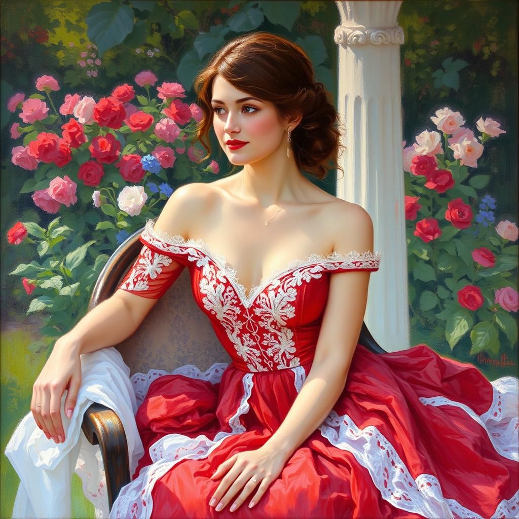 Impressionist painting, stunning woman in red and white dres...