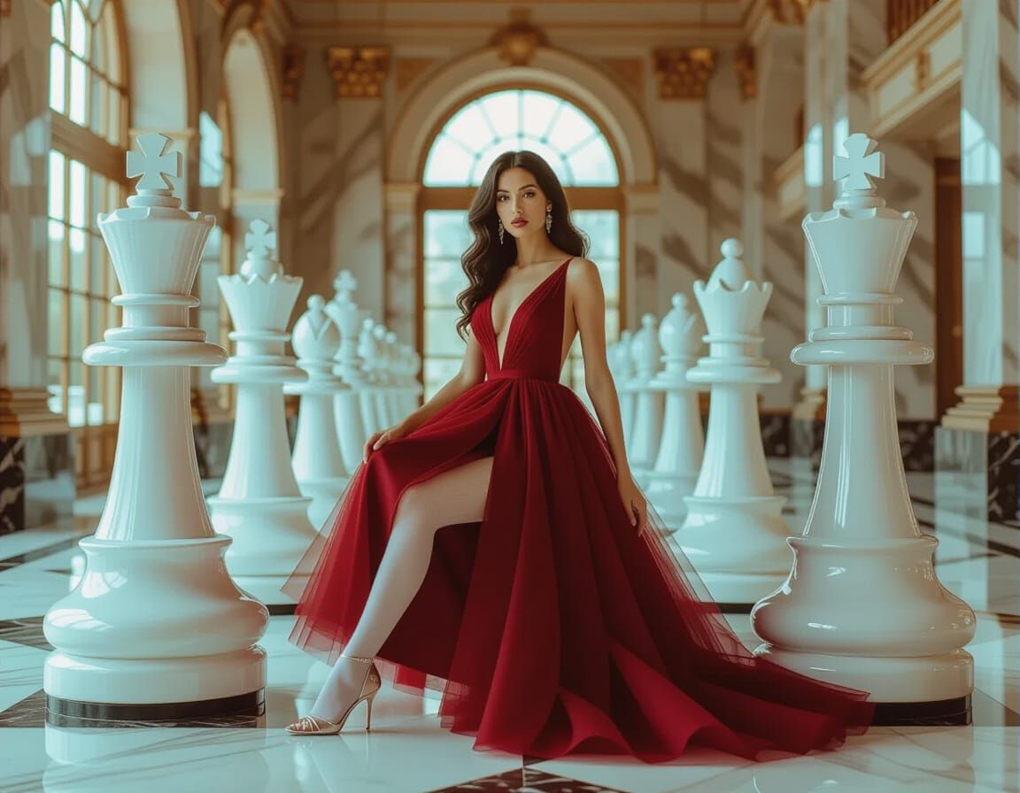 Woman in Red Dress Amidst Crystalline Chess Pieces
