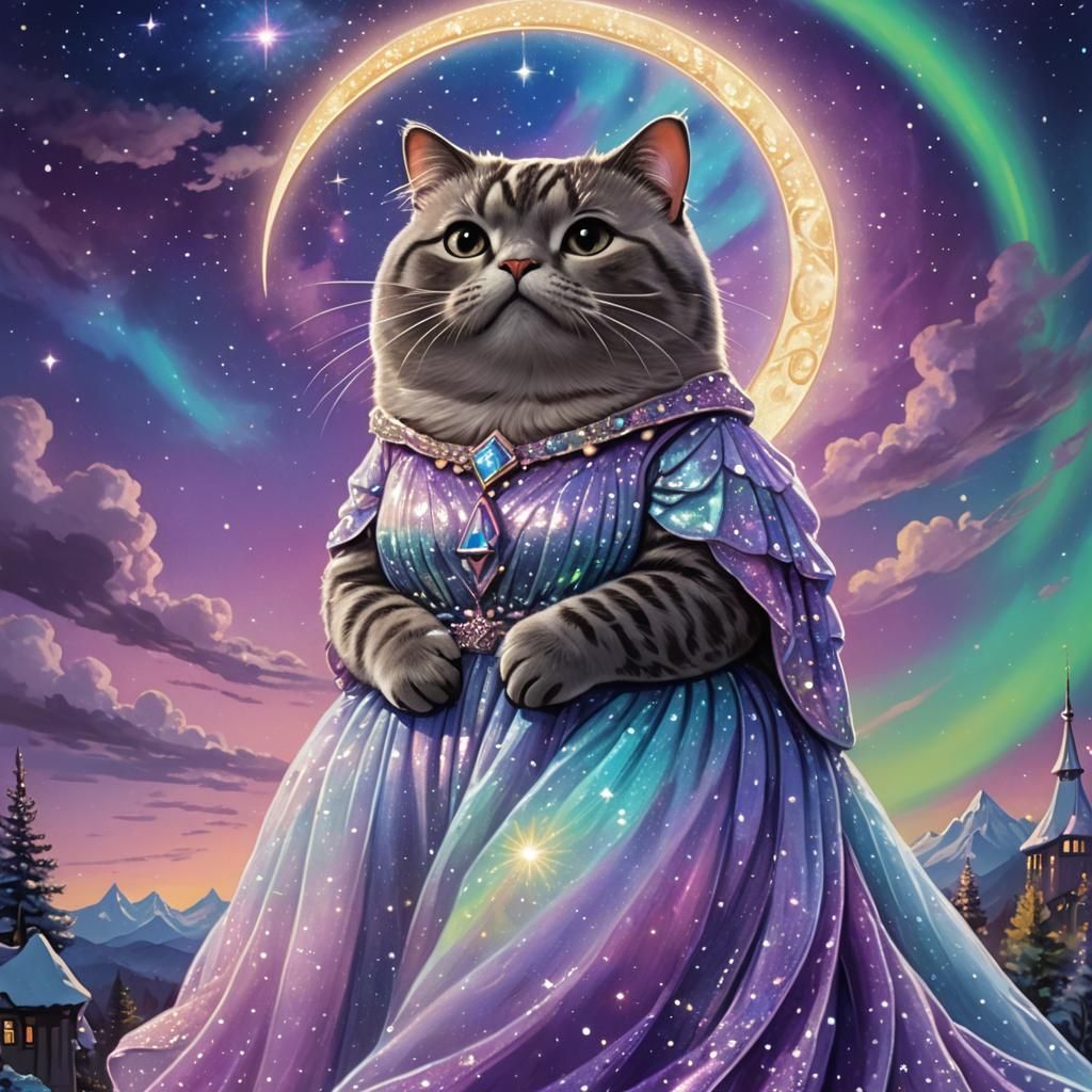 Pusheen on Crescent Moon Under Aurora Borealis