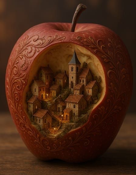 Surreal Village Within a Carved Apple in Photorealistic Deta...