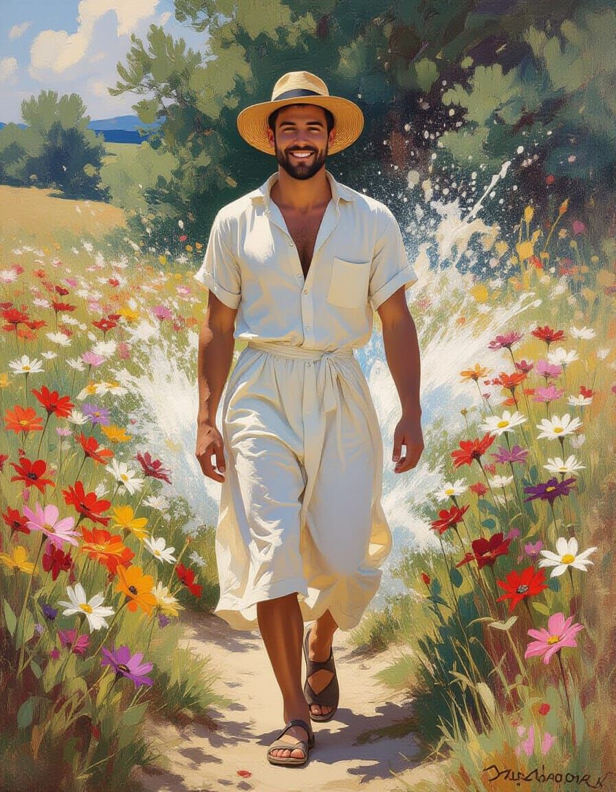 Smiling Man in Floral Field: A Surreal Artwork