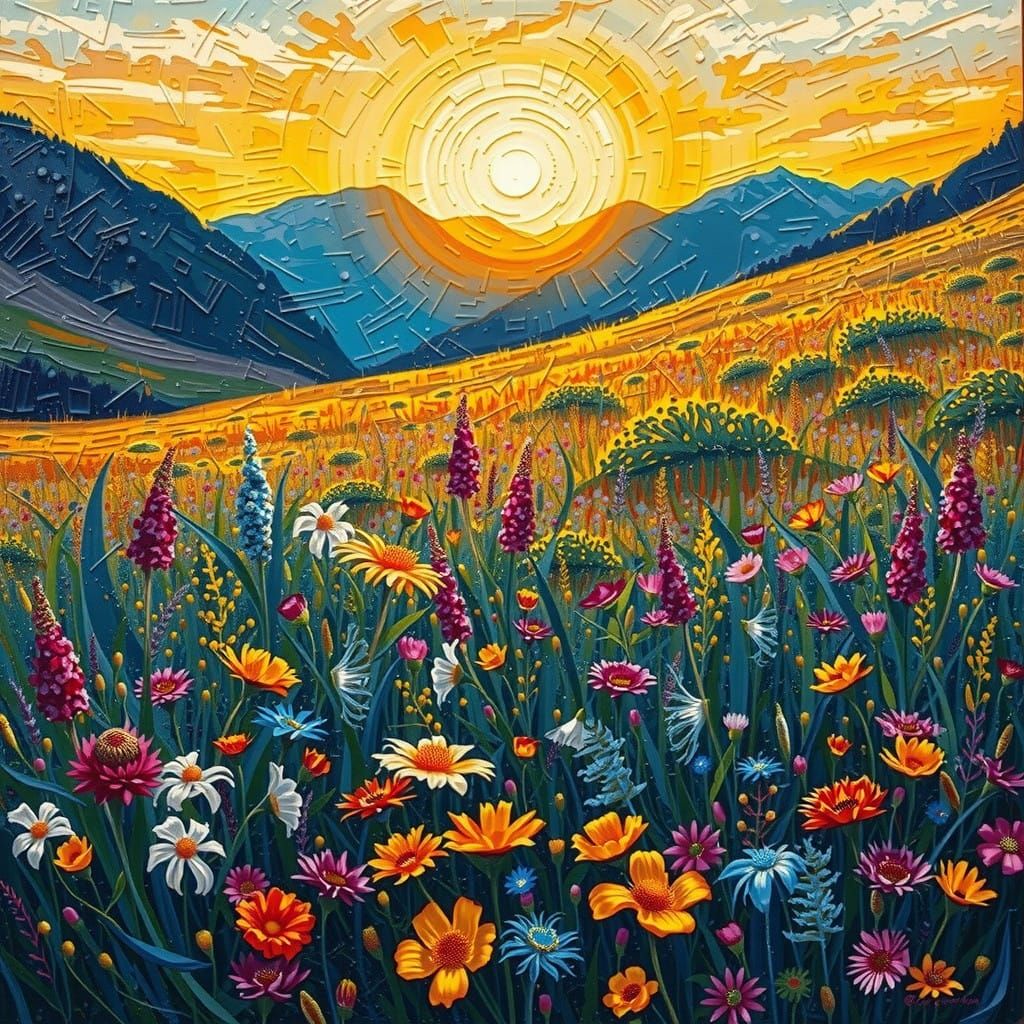 Vibrant Alpine Meadow in Neo-Impressionist Style