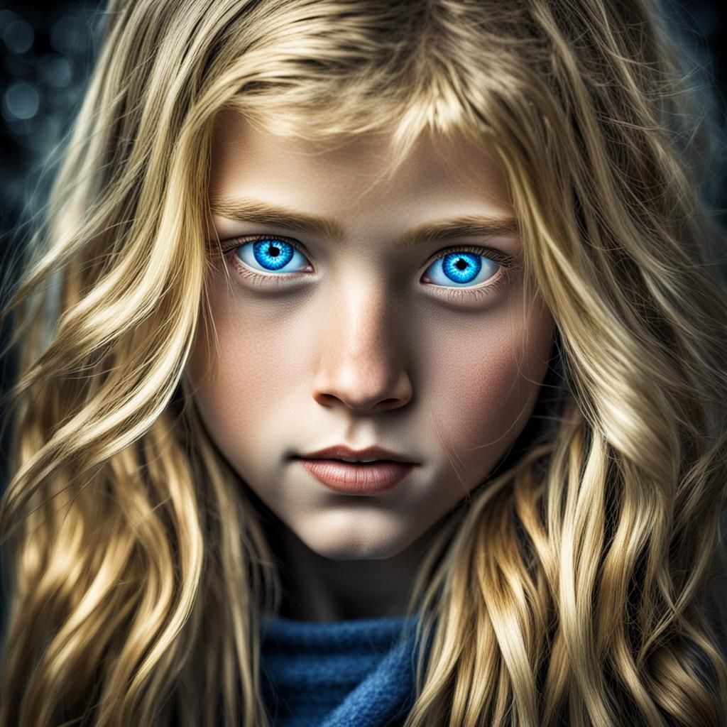 Hyperrealistic Portrait of a Blonde Girl with Blue Eyes